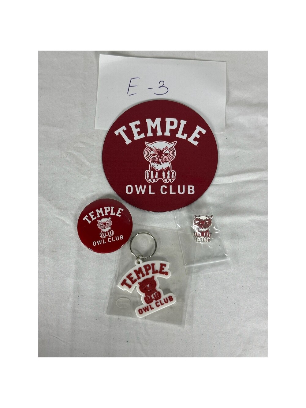 Temple Owl Club Fan Gear Set Decal Pin Button Keychain Cherry Red White NCAA